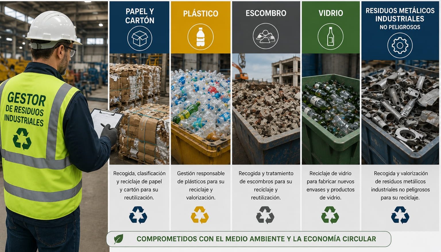 Refegar, gestor de residuos industriales en Bilbao: recogida, clasificación y reciclaje de papel y cartón, plástico, escombro, vidrio y residuos metálicos no peligrosos. Comprometidos con el medio ambiente y la economía circular.